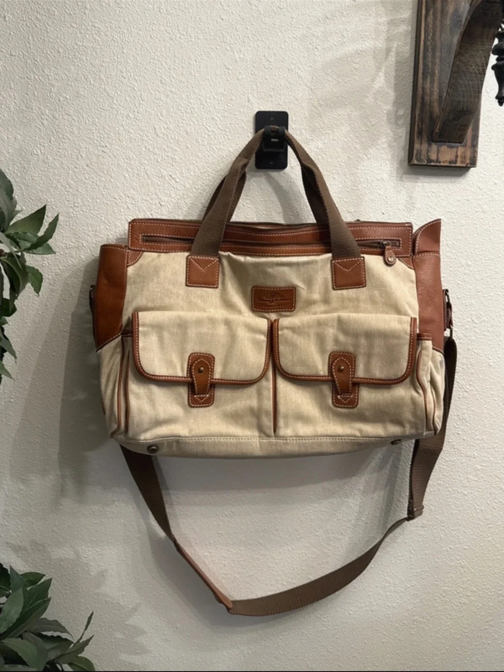 Tommy Bahama Challenge Canvas Leather Messenger Bag Travel Satchel Brown Beige